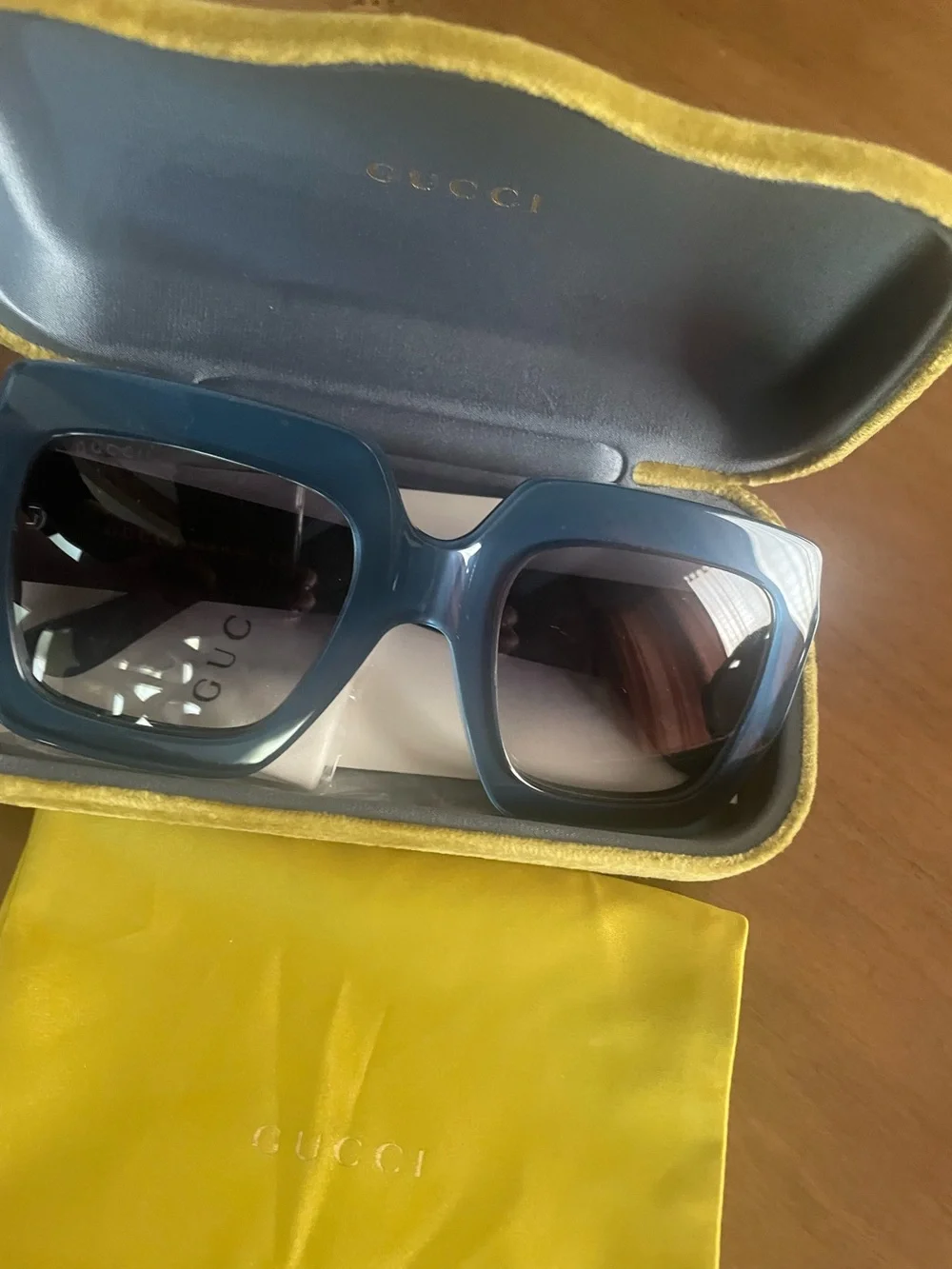 Gucci Blue Rectangular Logo Sunglasses with Gold Accents